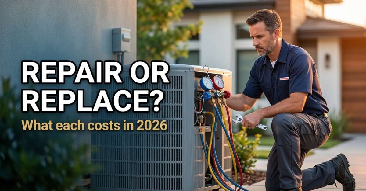 HVAC technician at an outdoor AC unit deciding whether to repair vs replace
