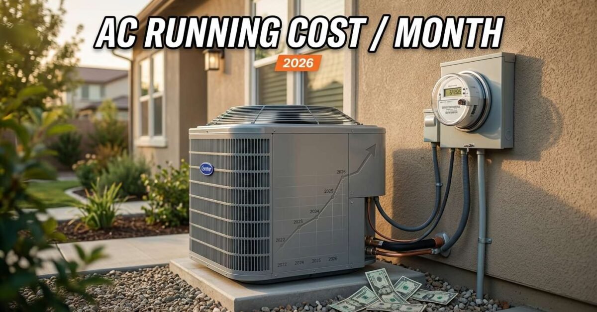 Outdoor AC unit beside an electric meter showing the cost to run an AC per month