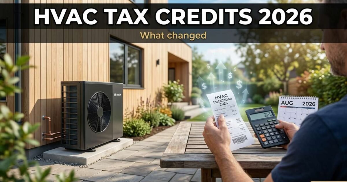 Heat pump and receipt showing HVAC tax credits and rebates in 2026