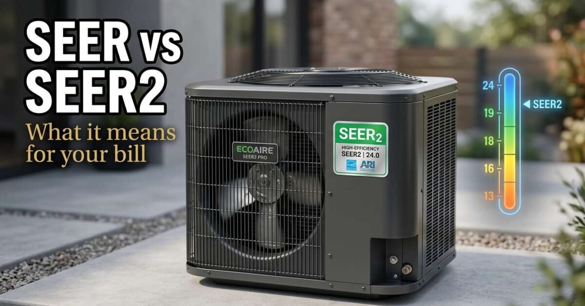High-efficiency AC condenser with an efficiency badge comparing SEER vs SEER2